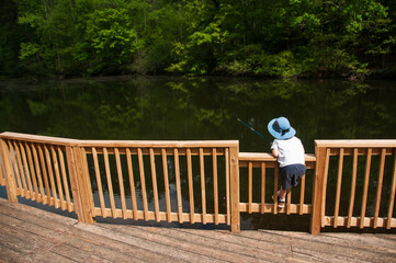 A small boy in a blue hat perched on a wooden railing leans over a pond with a fishing pole