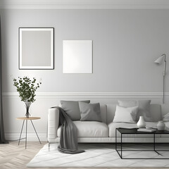 Blank picture frame mockup on wall in modern interior. Artwork template mock up in interior design. View of modern scandinavian style interior with plant in trendy vase