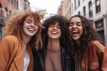 Happy friends on city street at summer Generative AI