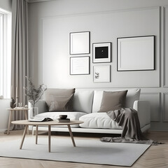 Blank picture frame mockup on the wall in modern interior. Artwork template mock-up in interior design. View of modern Scandinavian style interior with a sofa and coffee table