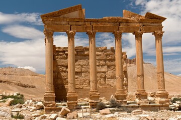 View of the ruins of the ancient city of Palmyra built in the 1st to 2nd century, Funerary temple. UNESCO World Heritage Site.