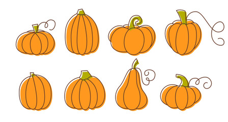 Pumpkin Doodle Collection. Cute Cartoon Pumpkins. Autumn Harvest Design elements. Hand Drawn Squash.
