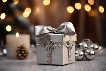 Silver gift box with silver bow on the background of bokeh effect. Generative AI