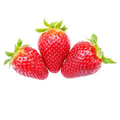 Three strawberries in a row isolated on white background. Side view.