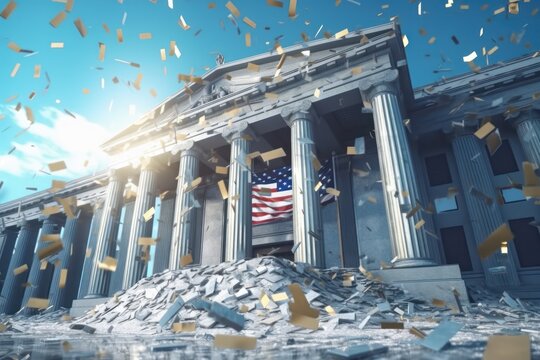 The American bank building is collapsing. Bank bankruptcy. Banking crisis, falling stocks. The collapse of the American financial system, the loss of money by bank depositors. 3D Generative AI