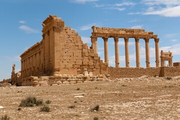 View of the ruins of the ancient city of Palmyra built in the 1st to 2nd century. Temple of Bel, destroyed by the Islamic State in August 2015. UNESCO World Heritage Site.