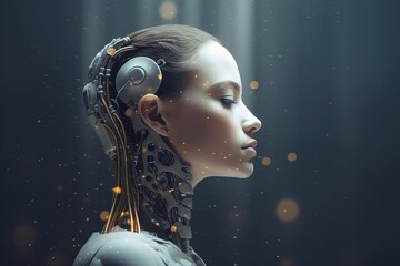 Portrait of cyborg woman, Side view Generative AI