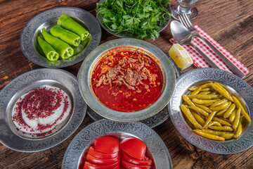 Turkish Soup Kelle paca with Lamb Meat, Chopped Garlic and Vinegar Sauce. Traditional Organic Food....