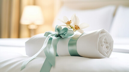 Fresh white hotel towel with silk ribbon and flowers on the bed in the hotel room, Generative AI