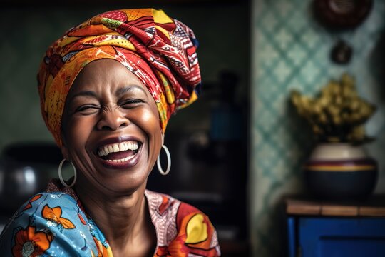 Portrait Of Happy Senior African Woman In Turban Generative AI