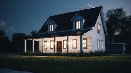 Classic American suburban modern farmhouse. Two story, white siding walls, dark shingle roof, spacious porch, neatly trimmed lawn, evening lighting. 3D rendering. Generative AI