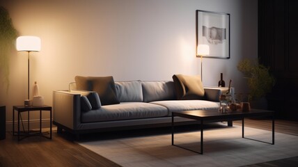 Interior of modern cozy living room. Stylish sofa with pillows, coffee table, plant in a floor pot, posters on the wall, carpet on a wooden floor, floor lamp, modern home decor. Generative AI