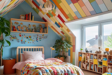 Chambre d'enfant avec un plafond multicouleur. Photo générée par IA