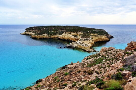 View of Rabbits Beach or Conigli island, the most famous sea place of Lampedusa island, Sicily, Italy