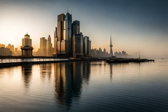  A panoramic view of the city skyline, with modern skyscrapers standing tall along an enchanting harborfront at sunrise. 
