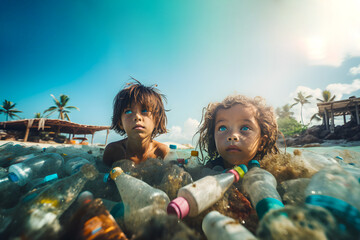 Children child kids bathes in a tropical sea sand beach polluted with plastic bottles. The concept of the future of the children of mankind, the resolution nature biosphere water. Generative AI.