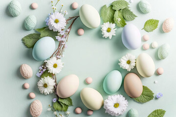 Fototapeta na wymiar easter eggs and flowers,light background mint large giant pastel eggs,easter eggs with flowers