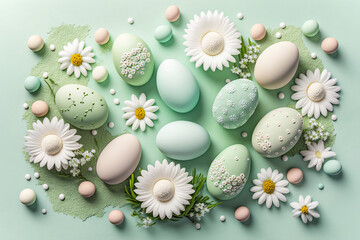 Obraz na płótnie Canvas easter eggs and flowers,light background mint large giant pastel eggs,easter eggs with flowers