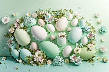 easter eggs and flowers,light background mint large giant pastel eggs,easter eggs with flowers