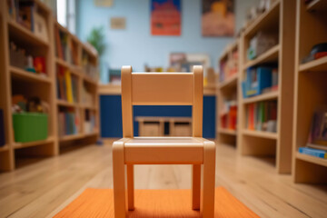 Petite chaise en bois enfant dans une grande salle de jeux. Photo générée par IA