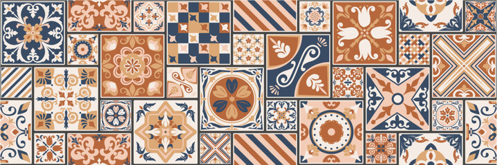 Set of patterned azulejo floor tiles. Abstract geometric background. Vector illustration, seamless mediterranean pattern. Portuguese floor tiles azulejo design. Floor cement talavera tiles collection