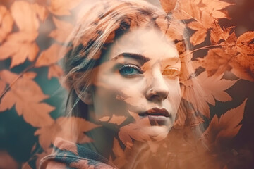 Fototapeta premium Double exposure from female and orange autumn foliage. Generative AI illustration