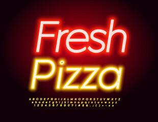 Fototapeta premium Vector advertising Banner Fresh Pizza. Trendy Neon Font. Bright glowing Alphabet Letters, Numbers and Symbols