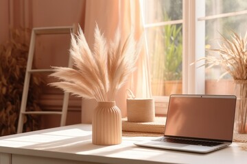 An aesthetic influencer's boho-styled office workspace interior design template, featuring a laptop computer placed on a table with a blank screen. The workspace is adorned Generative AI