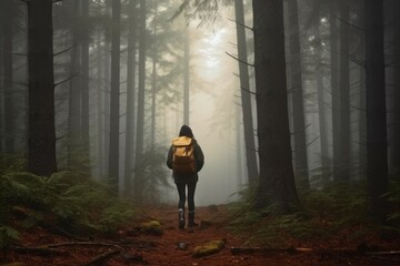 A side view capturing the full body of a young female traveler, adorned with a backpack, standing amidst a forest of majestic tall coniferous trees on a misty day. Generative AI