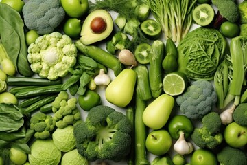 Colorful fresh green veggies on rustic white background. Broccoli, celery, avocado, brussel sprouts, kiwi, pepper, peas, beans, lettuce. Vibrant display. Generative AI - obrazy, fototapety, plakaty