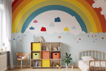 Mur de chambre d'enfant avec un grand arc-en-ciel. Photo générée par IA