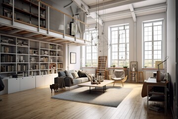 Fototapeta na wymiar Stylish scandinavian living room with design furniture, plants, bamboo bookstand and wooden desk. Brown wooden parquet. Abstract painting on the white wall. Nice apartment,Generative AI
