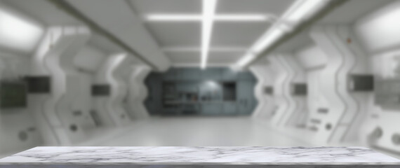marble table against the white sci fi laboratory background, copy space, 3d illustration