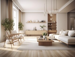 Fototapeta premium Scandinavian comfortable living room, wooden floor and furniture. Generative AI