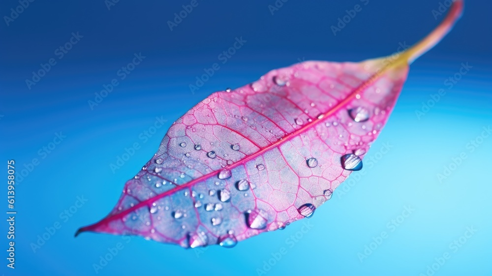 Poster the close-up of transparent skeleton leaf with water drops on beautiful texture in a blue and pink b