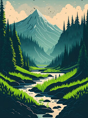 River flow throw meadow lanscape. AI generated illustration