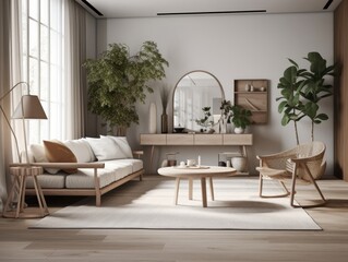 Fototapeta premium Scandinavian comfortable living room, wooden floor and furniture. Generative AI