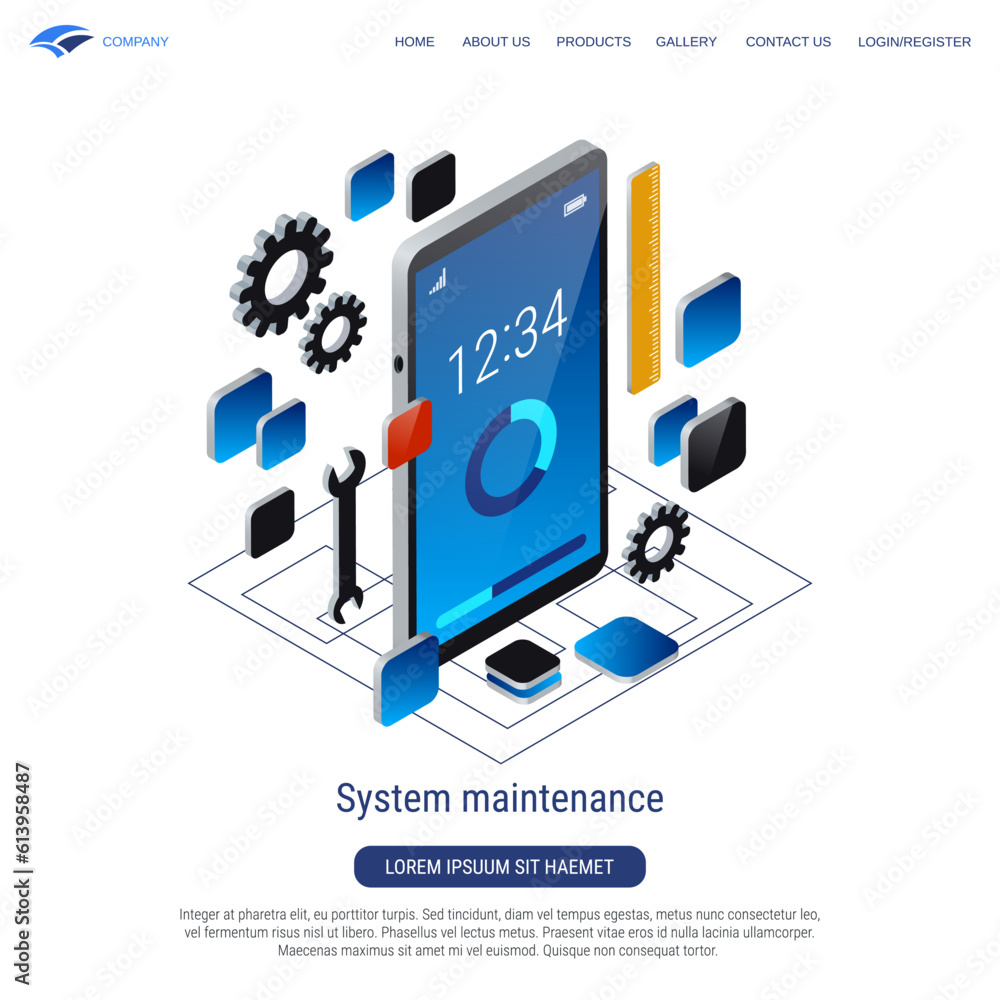 Poster system maintenance, software update, program installation, setup 3d isometric vector concept illustr