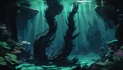 Obraz premium Exploring the Abyss: Unveiling the Mysterious Shadows of the Deep Sea, Generative AI.