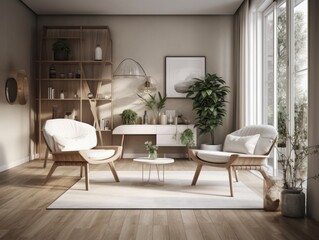 Fototapeta premium Scandinavian comfortable living room, wooden floor and furniture. Generative AI