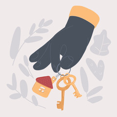 Vector illustration of Buying or renting a new apartment, house or car. Hand giving keys to customer. Mortgage, credit or property concept. Sale and rent of apartment