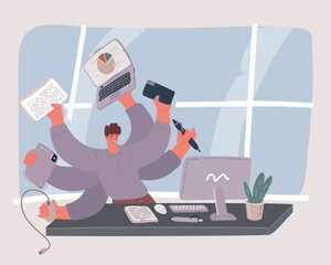 Vector illustration of Multitasking man. Productive work process. Effective management. Vector workaholic concept