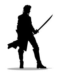 Silhouette of a man with a court sword in a long cloak and high boots. Vector illustration