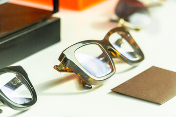 Luxury eyeglasses displayed in the shop window.