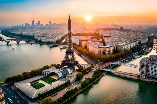 An aerial view of Paris at sunrise, showcasing the Eiffel Tower and Seine River with modern buildings along its bank