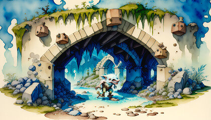 The Magical Encounter of a Funny Troll under the Bridge, Depicted in a Captivating Watercolor Style, Generative AI.