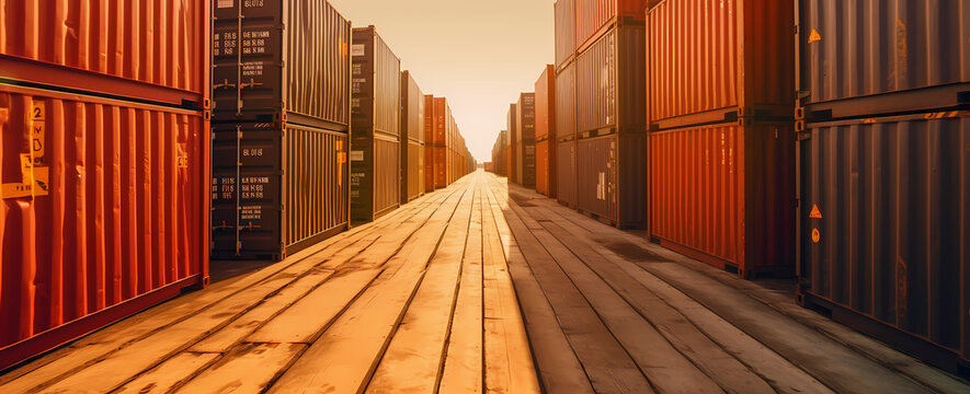 A Long Way Down An Alley Between Two Rows Of Shipping Containers