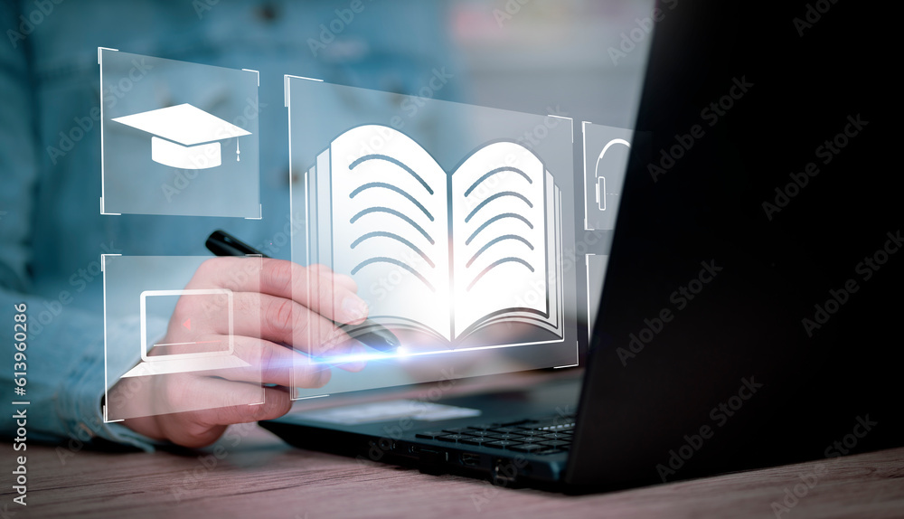 Poster Concept of Online education. man use Online education training and e-learning webinar on internet for personal development and professional qualifications. Digital courses to develop new skills..