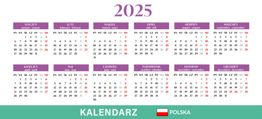 Kalendarz skrócony roczny 2025 - obrazy, fototapety, plakaty