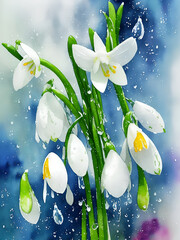 Snowdrop close-up watercolor. AI generated illustration